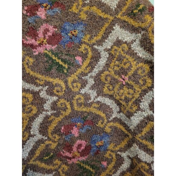 Vtg Express Tricot Wool Blend Mock Neck Tunic Sweater Brown Floral Sz M - Picture 4 of 7